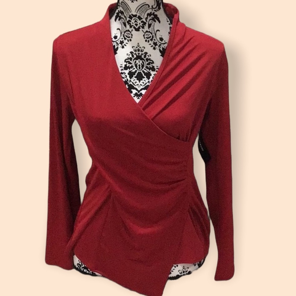 Alfani Women's Blouse Red Size S Wrap-Style Top Long Sleeve V-Neck
